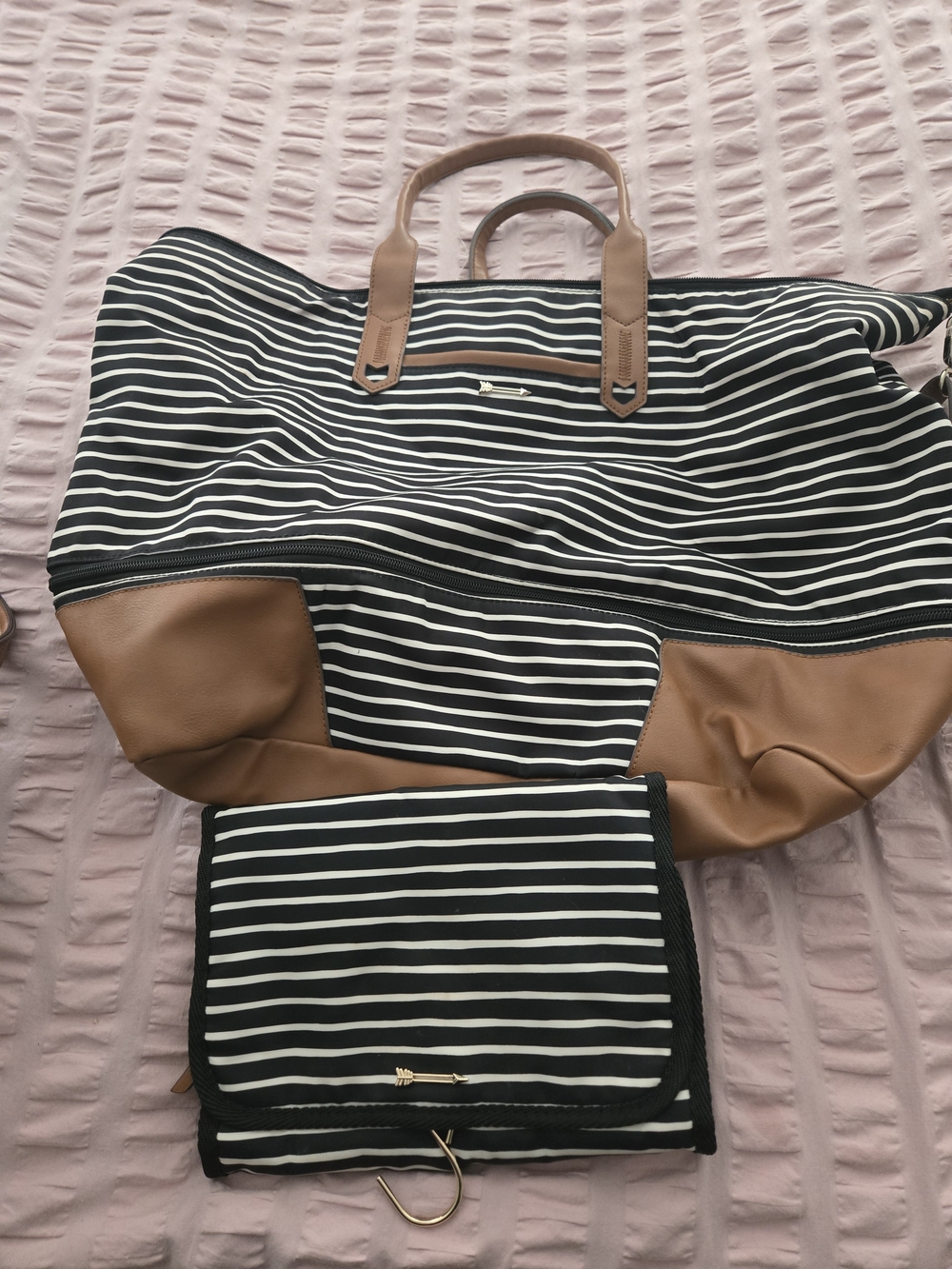 Stella & Dot Striped Black & White Weekender Tote with Brown Trim